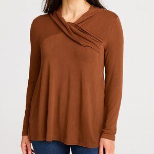Citiknits Top Large Stretch Cowl Neck Long Sleeve Brown Sienna New